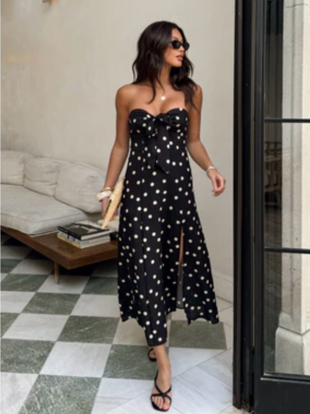 Strapless Black Polka Dot Midi Dress with Bow